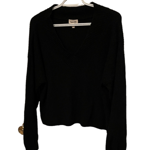 Open Edit Black V-Neck Cotton Blend Cropped Sweater Size Small